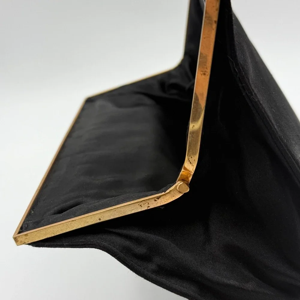 VTG Koret Black Satin Evening Bag Mother of Pearl Enamel Frame Gold Tone Clutch